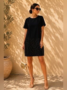 Black Sequin Cocktail Mini Dress Shift Blouson NWT XS Beymen